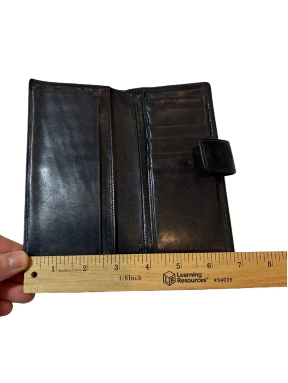 Gucci Black Leather Long Wallet Continental Snap Vintage Made in Italy flaw - Picture 11 of 15